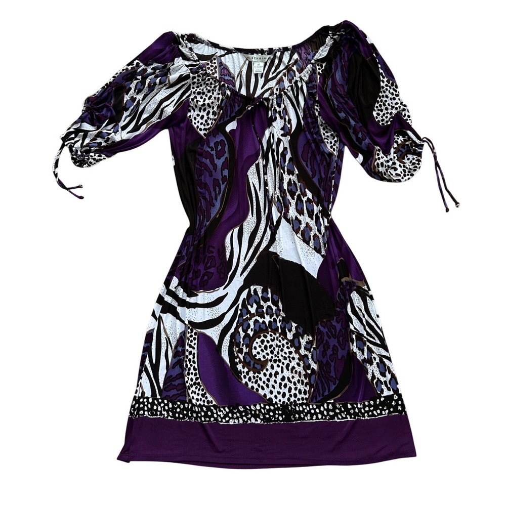Vintage‎ Y2K Purple Animal Print Boho Mini Dress Size 12 Zebra Leopard artsy fun
